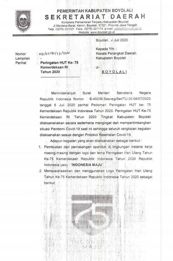 Surat Edaran Peringatan HUT KE-75 Kemerdekaan RI Tahun 2020